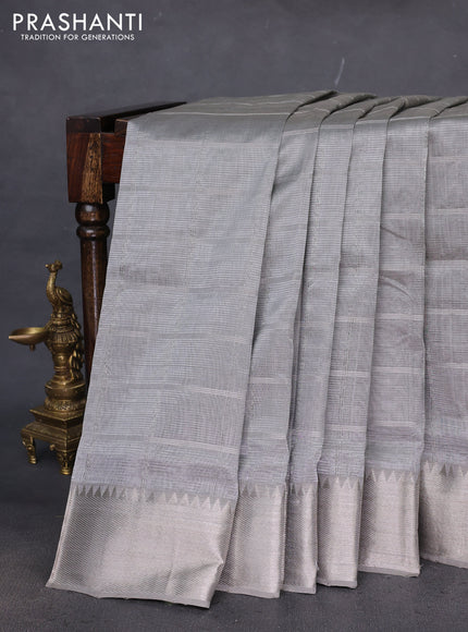 Mangalgiri silk cotton saree grey with allover silver zari woven checked pattern and silver zari woven border