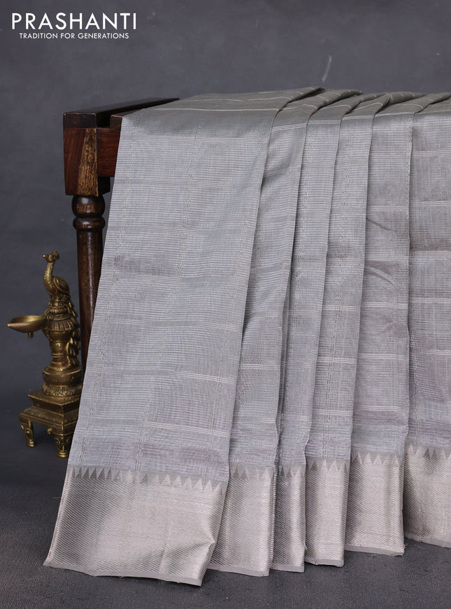 Mangalgiri silk cotton saree grey with allover silver zari woven checked pattern and silver zari woven border