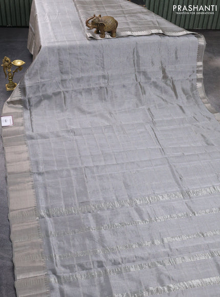 Mangalgiri silk cotton saree grey with allover silver zari woven checked pattern and silver zari woven border