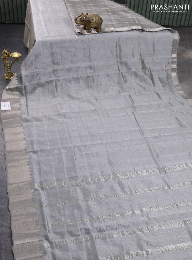 Mangalgiri silk cotton saree grey with allover silver zari woven checked pattern and silver zari woven border