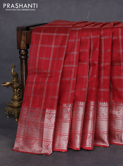 Mangalgiri silk cotton saree maroon shade with allover silver zari woven checked pattern and long silver zari woven border