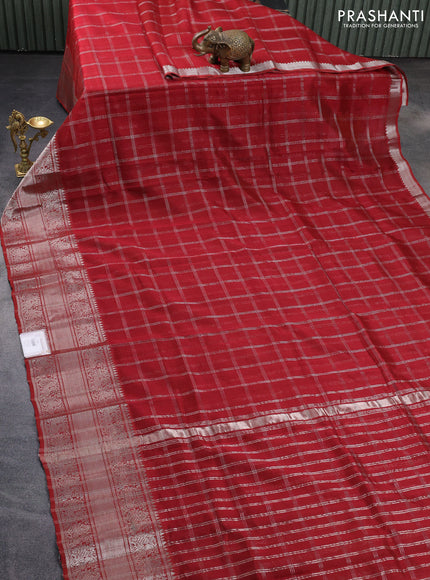 Mangalgiri silk cotton saree maroon shade with allover silver zari woven checked pattern and long silver zari woven border