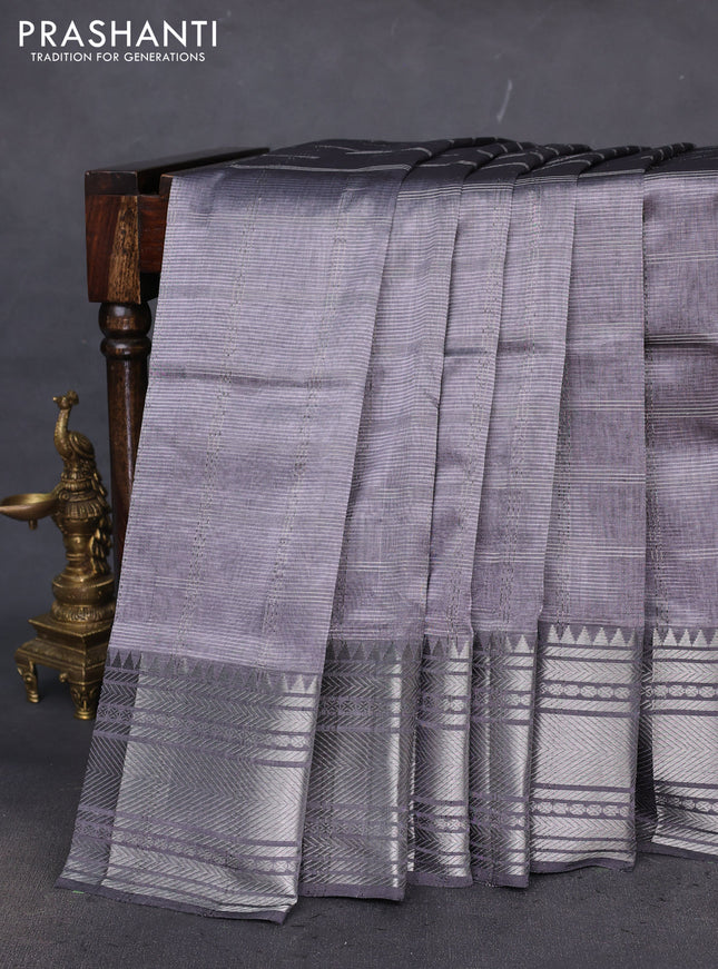Mangalgiri silk cotton saree grey shade with allover silver zari woven checked pattern and silver zari woven border