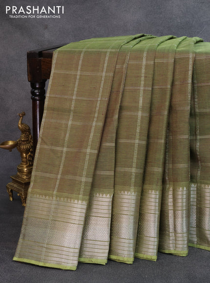 Mangalgiri silk cotton saree dual shade of sap green with allover silver zari woven checked pattern and long silver zari woven border