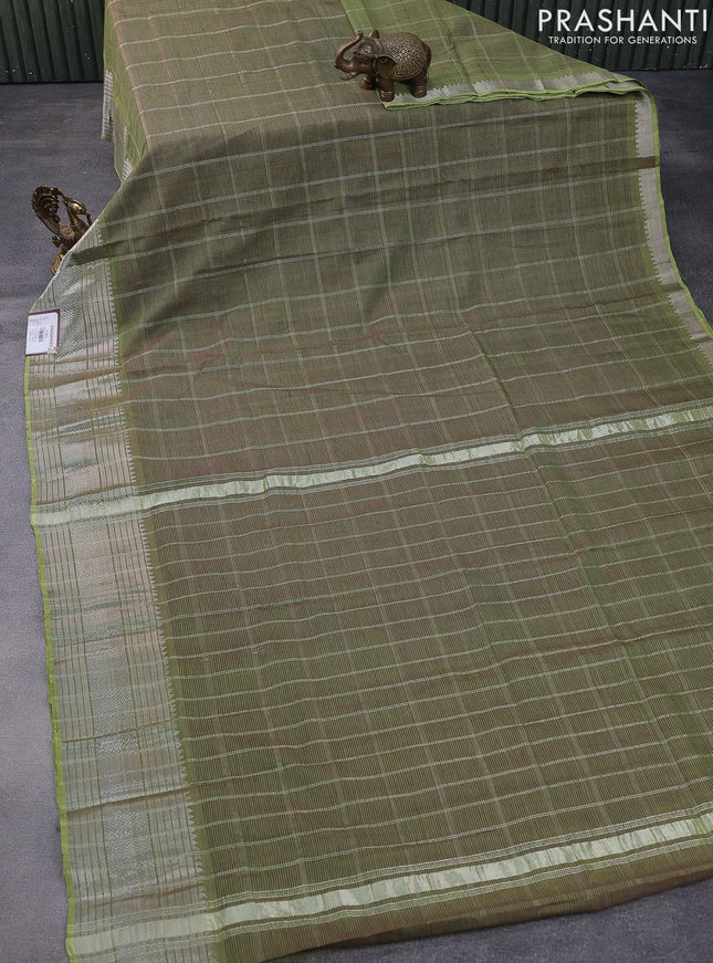 Mangalgiri silk cotton saree dual shade of sap green with allover silver zari woven checked pattern and long silver zari woven border