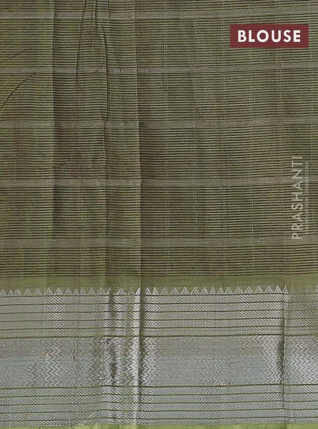 Mangalgiri silk cotton saree dual shade of sap green with allover silver zari woven checked pattern and long silver zari woven border