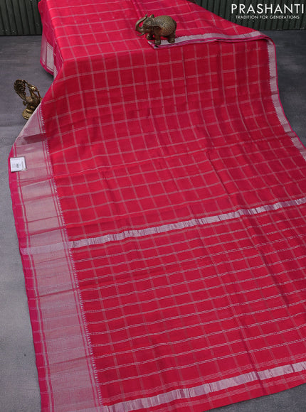 Mangalgiri silk cotton saree pink with allover silver zari woven checked pattern and silver zari woven border