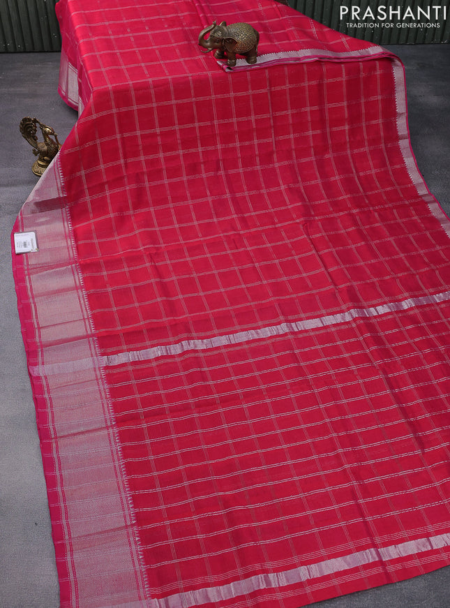 Mangalgiri silk cotton saree pink with allover silver zari woven checked pattern and silver zari woven border