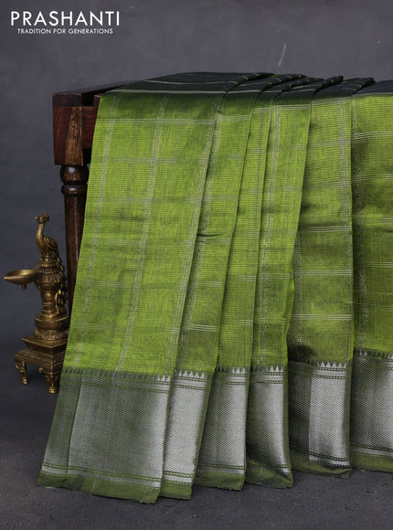 Mangalgiri silk cotton saree light green with allover silver zari woven checked pattern and silver zari woven border
