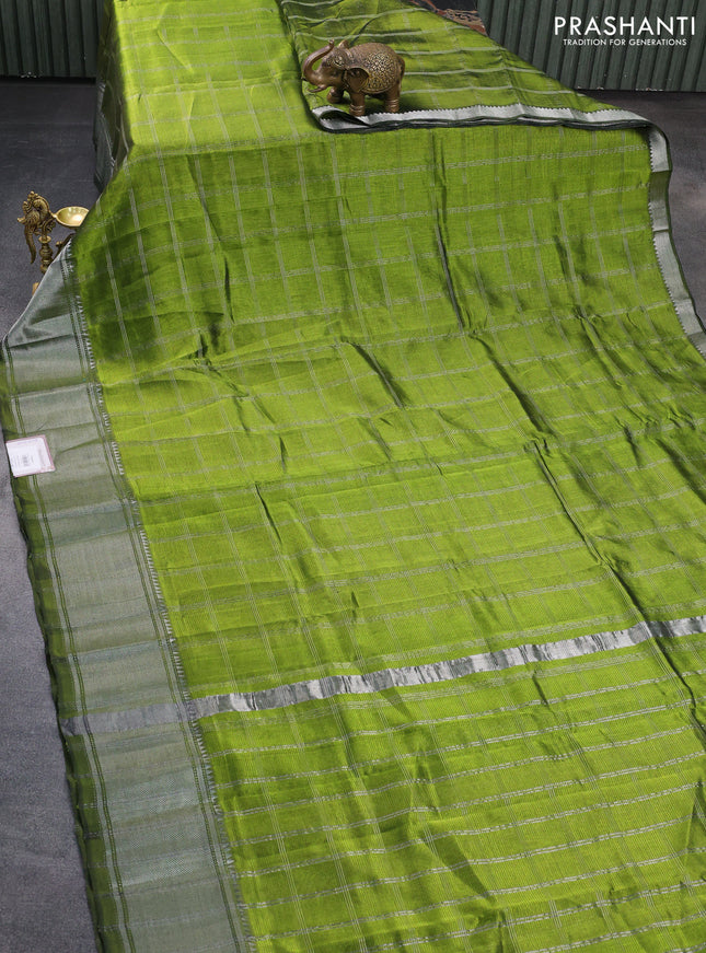 Mangalgiri silk cotton saree light green with allover silver zari woven checked pattern and silver zari woven border