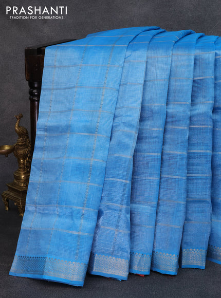 Mangalgiri silk cotton saree blue and red with allover silver zari woven checked pattern and silver zari woven border