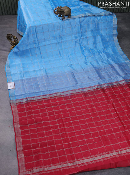 Mangalgiri silk cotton saree blue and red with allover silver zari woven checked pattern and silver zari woven border