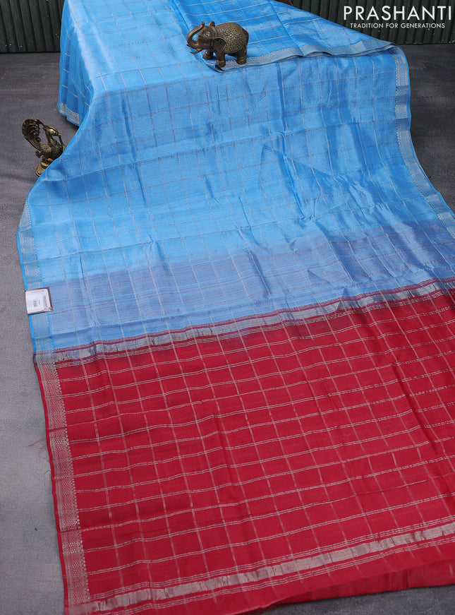 Mangalgiri silk cotton saree blue and red with allover silver zari woven checked pattern and silver zari woven border
