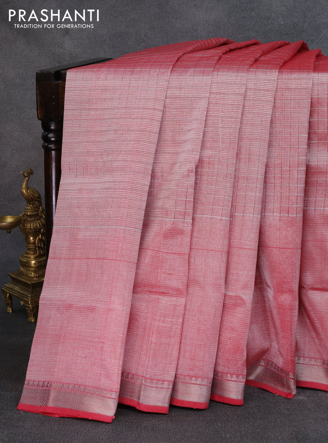 Mangalgiri silk cotton saree red shade with allover zari woven checked pattern and long silver zari woven border
