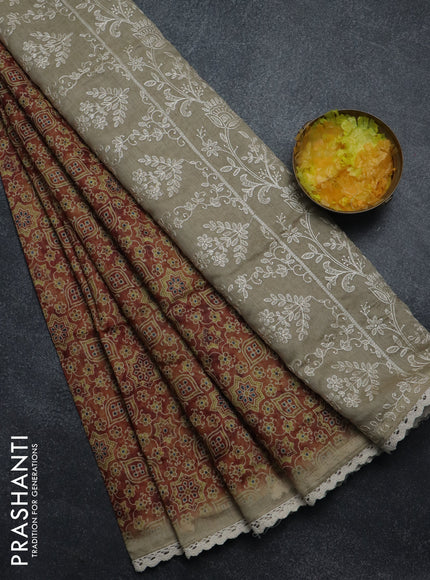 Semi chanderi saree pastel brown and beige with allover ajrakh prints and embroidery pallu