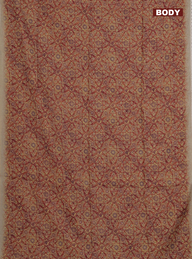 Semi chanderi saree pastel brown and beige with allover ajrakh prints and embroidery pallu