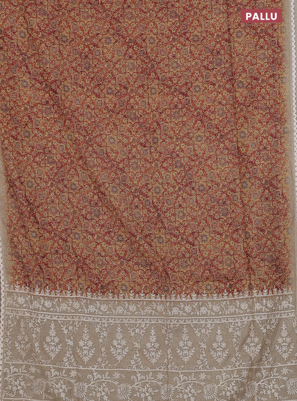 Semi chanderi saree pastel brown and beige with allover ajrakh prints and embroidery pallu