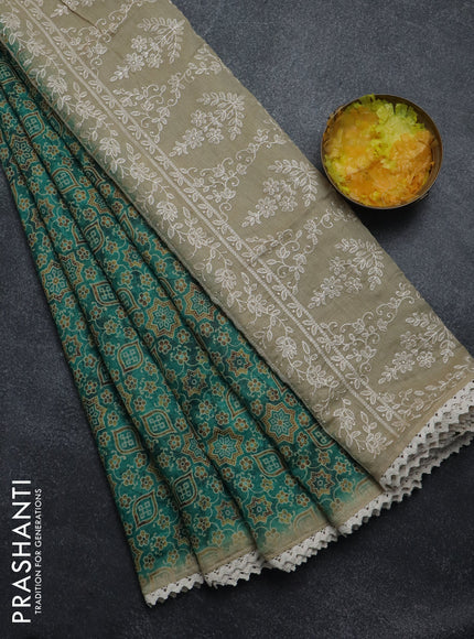 Semi chanderi saree green and beige with allover ajrakh prints and embroidery pallu
