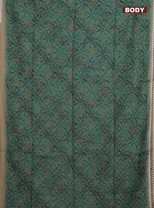 Semi chanderi saree green and beige with allover ajrakh prints and embroidery pallu