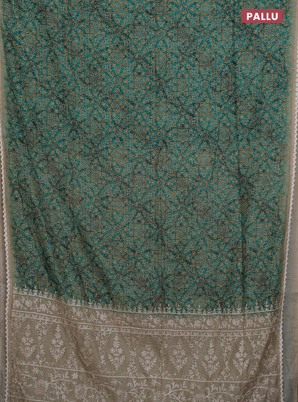 Semi chanderi saree green and beige with allover ajrakh prints and embroidery pallu