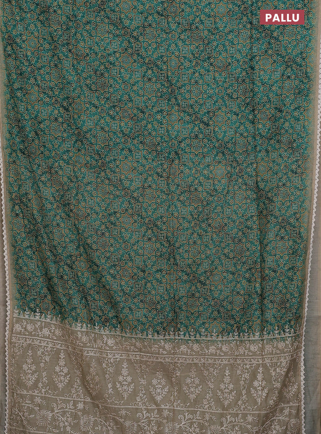 Semi chanderi saree green and beige with allover ajrakh prints and embroidery pallu