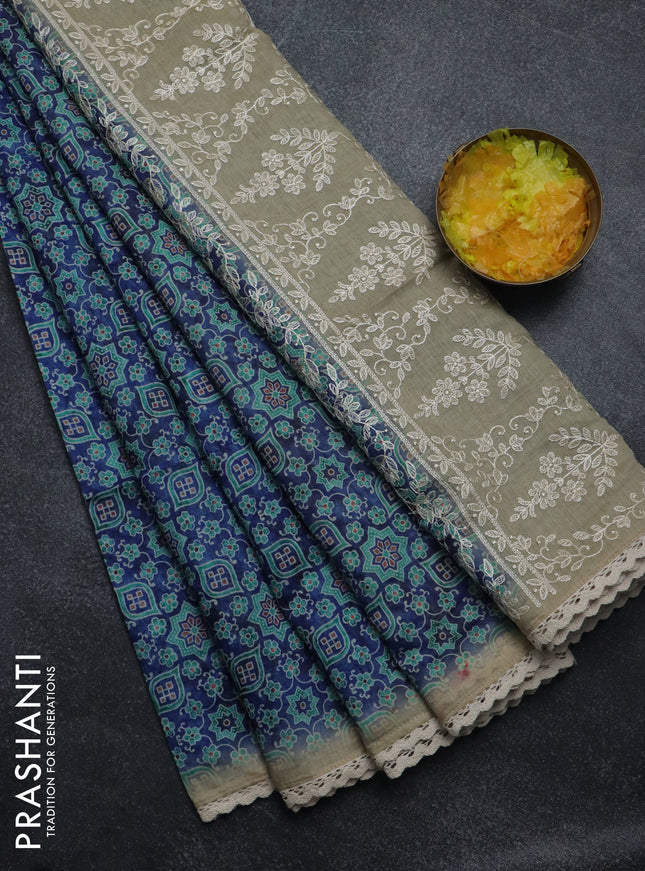 Semi chanderi saree blue and beige with allover ajrakh prints and embroidery pallu