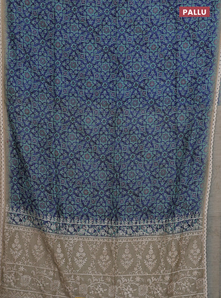 Semi chanderi saree blue and beige with allover ajrakh prints and embroidery pallu
