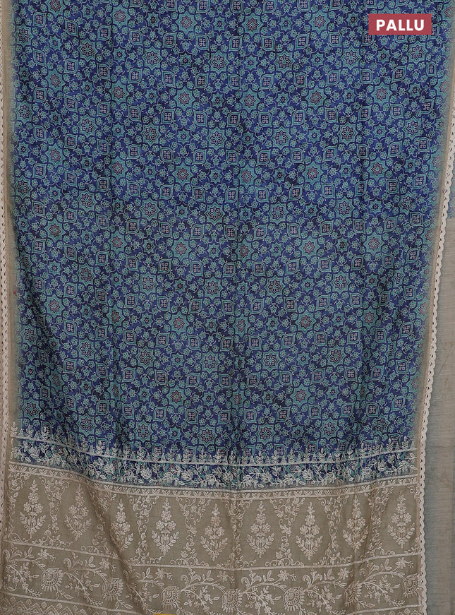 Semi chanderi saree blue and beige with allover ajrakh prints and embroidery pallu