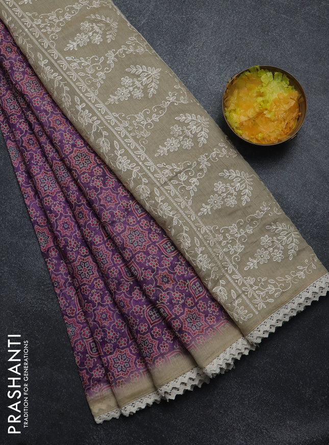 Semi chanderi saree purple and beige with allover ajrakh prints and embroidery pallu