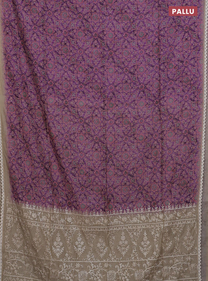 Semi chanderi saree purple and beige with allover ajrakh prints and embroidery pallu