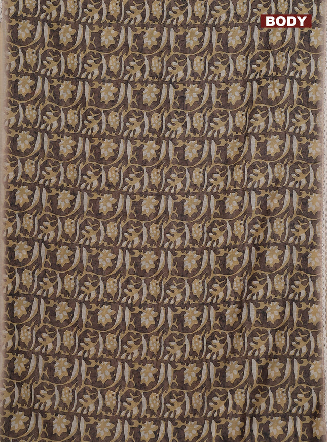 Semi chanderi saree sandal and beige with allover batik ptrints and embroidery pallu