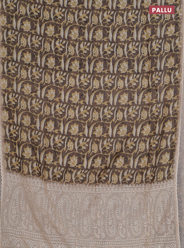 Semi chanderi saree sandal and beige with allover batik ptrints and embroidery pallu