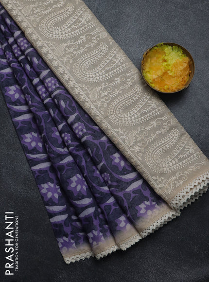 Semi chanderi saree lavender and beige with allover batik ptrints and embroidery pallu