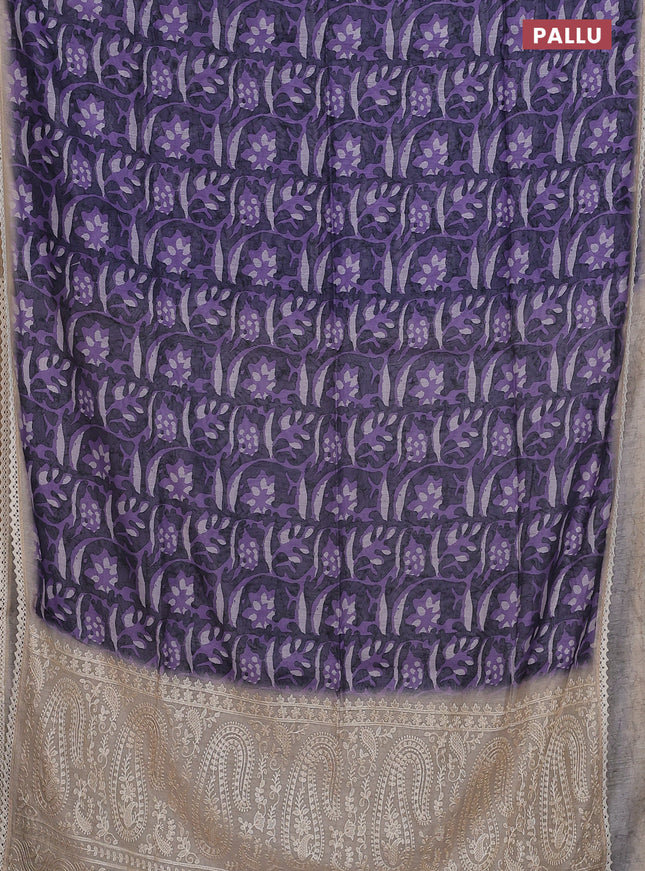 Semi chanderi saree lavender and beige with allover batik ptrints and embroidery pallu