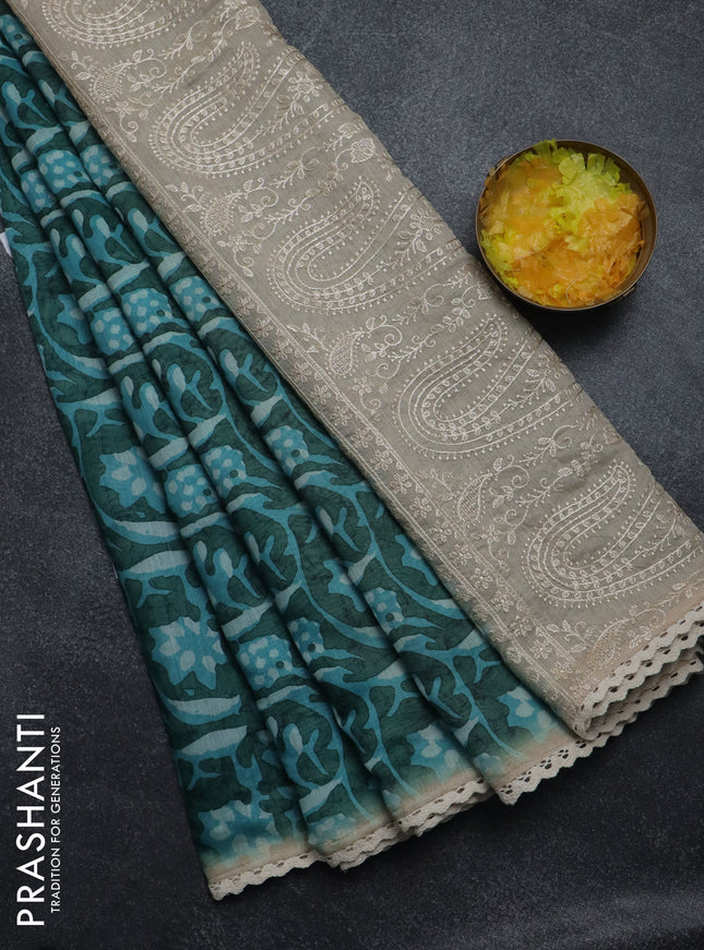 Semi chanderi saree light blue and beige with allover batik ptrints and embroidery pallu