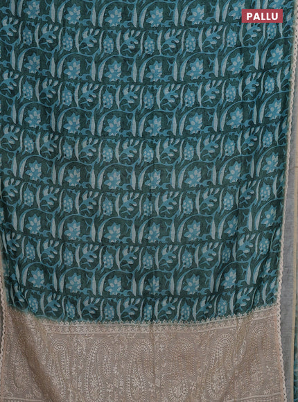 Semi chanderi saree light blue and beige with allover batik ptrints and embroidery pallu