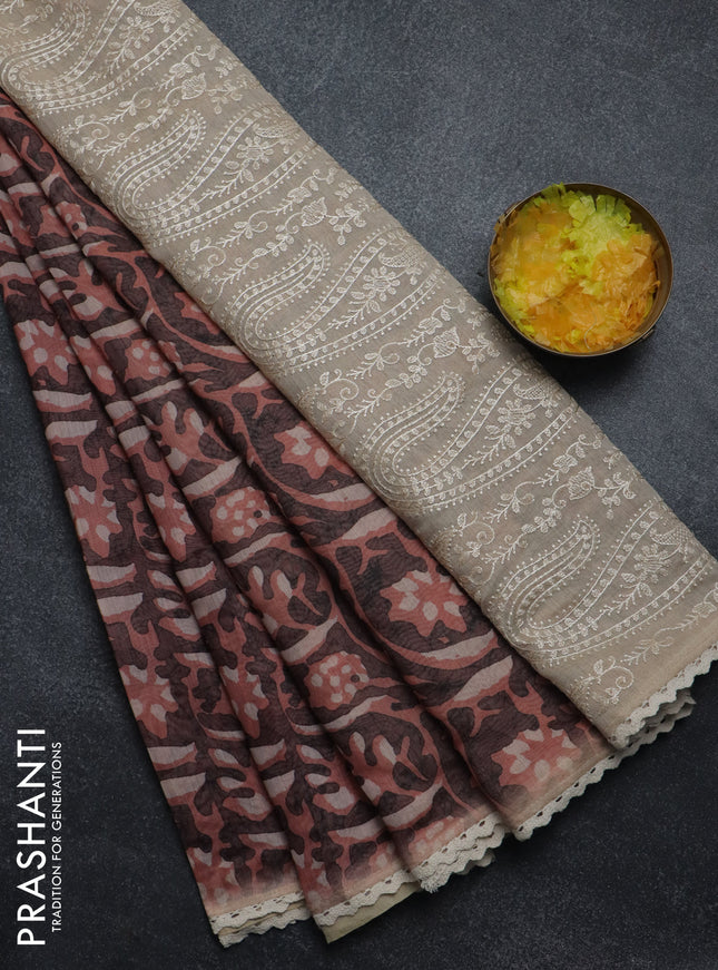 Semi chanderi saree peach shade and beige with allover batik ptrints and embroidery pallu