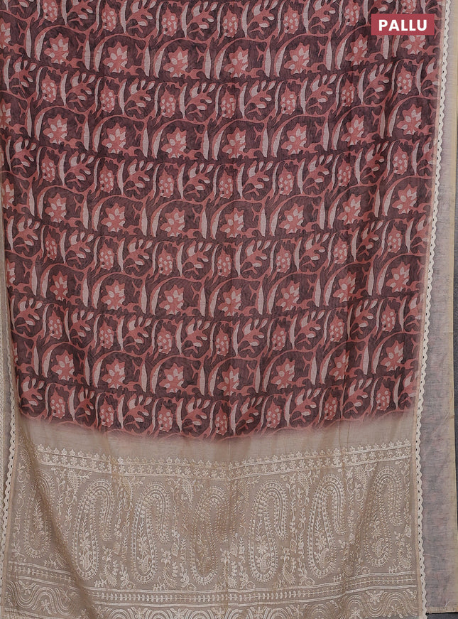 Semi chanderi saree peach shade and beige with allover batik ptrints and embroidery pallu