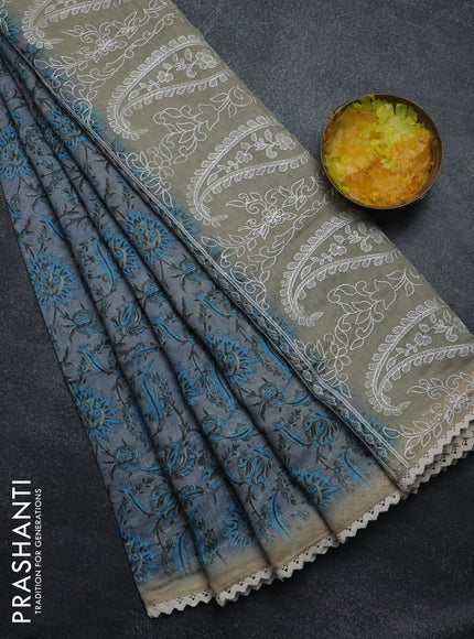 Semi chanderi saree grey and blue beige with allover prints and embroidery pallu