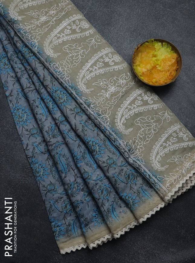 Semi chanderi saree grey and blue beige with allover prints and embroidery pallu