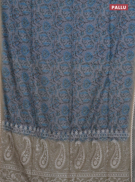 Semi chanderi saree grey and blue beige with allover prints and embroidery pallu