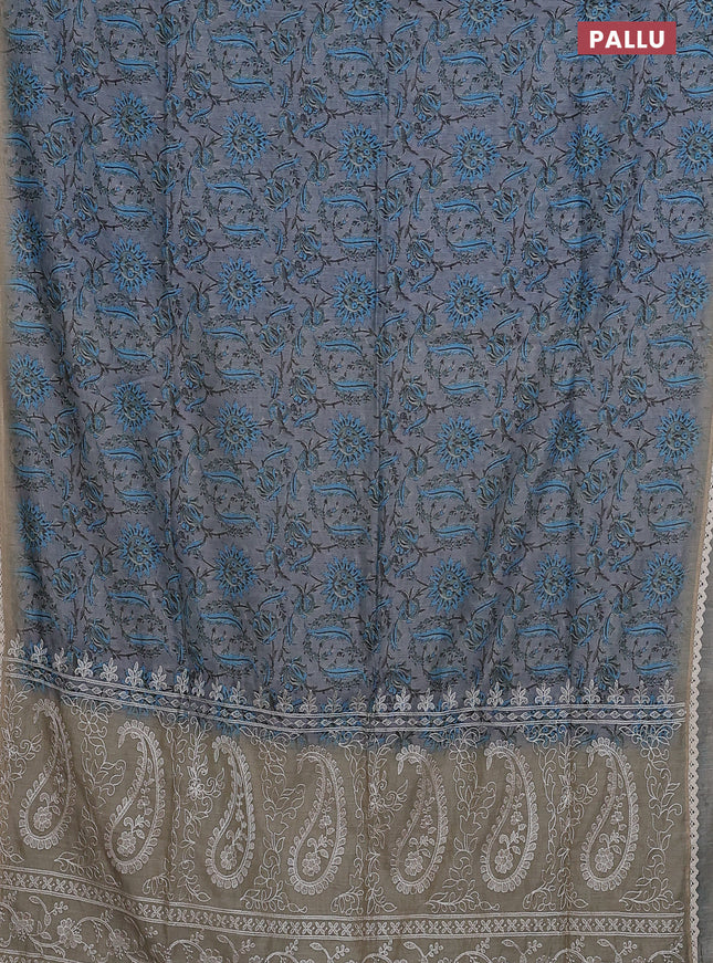 Semi chanderi saree grey and blue beige with allover prints and embroidery pallu