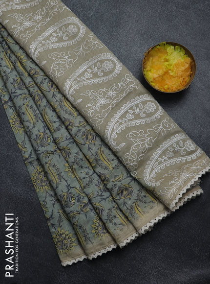 Semi chanderi saree greyish green and beige with allover prints and embroidery pallu