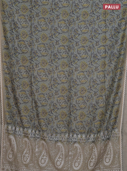 Semi chanderi saree greyish green and beige with allover prints and embroidery pallu