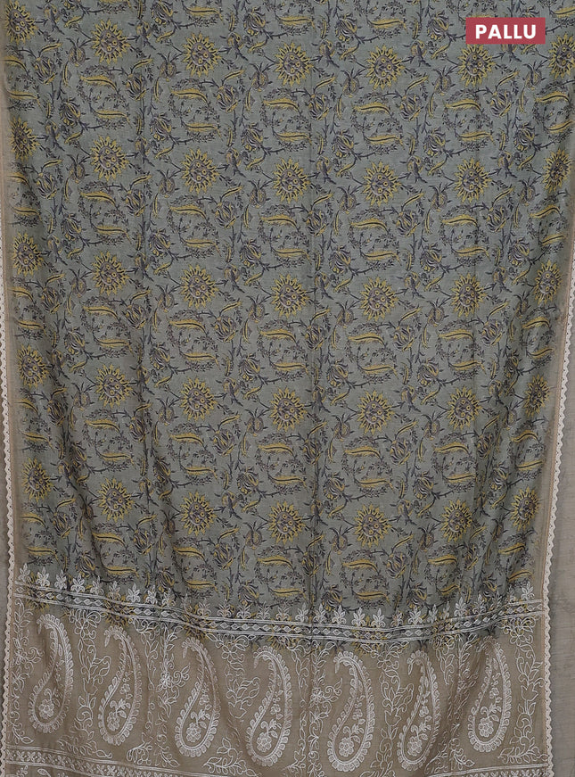 Semi chanderi saree greyish green and beige with allover prints and embroidery pallu