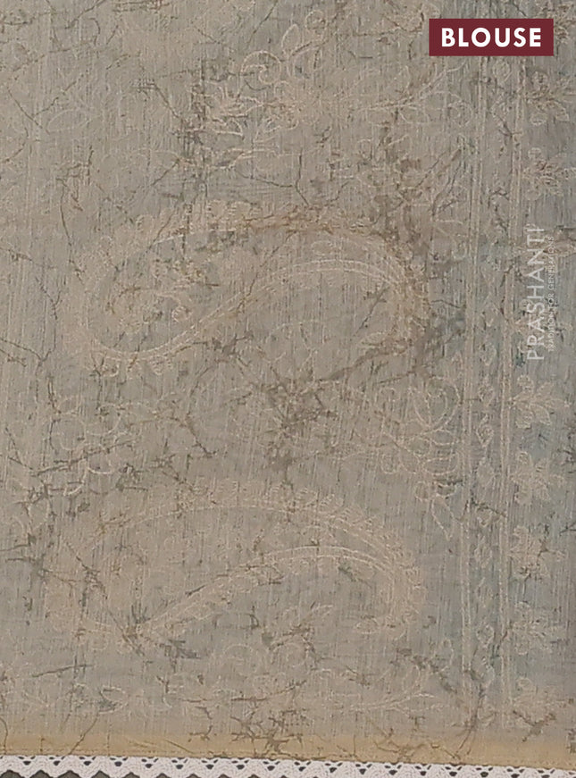 Semi chanderi saree greyish green and beige with allover prints and embroidery pallu