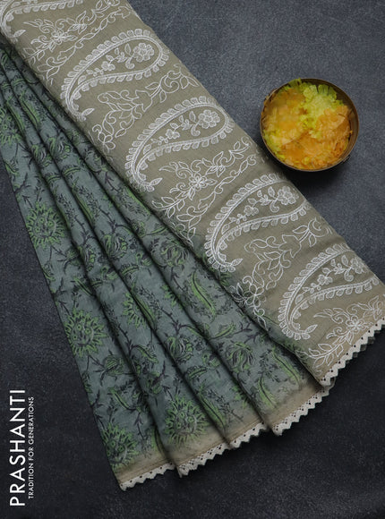 Semi chanderi saree grey and green beige with allover prints and embroidery pallu