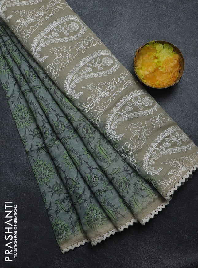 Semi chanderi saree grey and green beige with allover prints and embroidery pallu