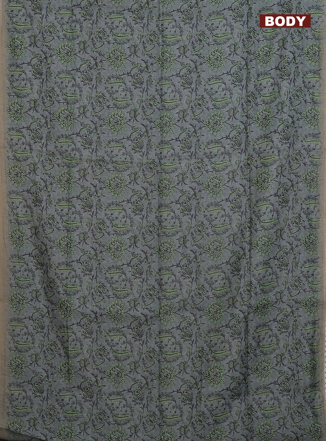 Semi chanderi saree grey and green beige with allover prints and embroidery pallu