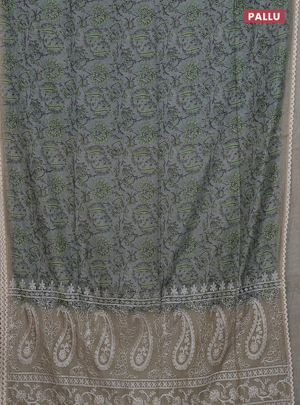 Semi chanderi saree grey and green beige with allover prints and embroidery pallu